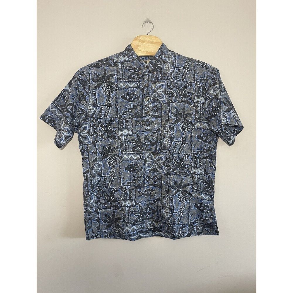 Tori Richard Shirt‎ Mens XL Blue White Geometric Hawaiian Popover Short Sleeve